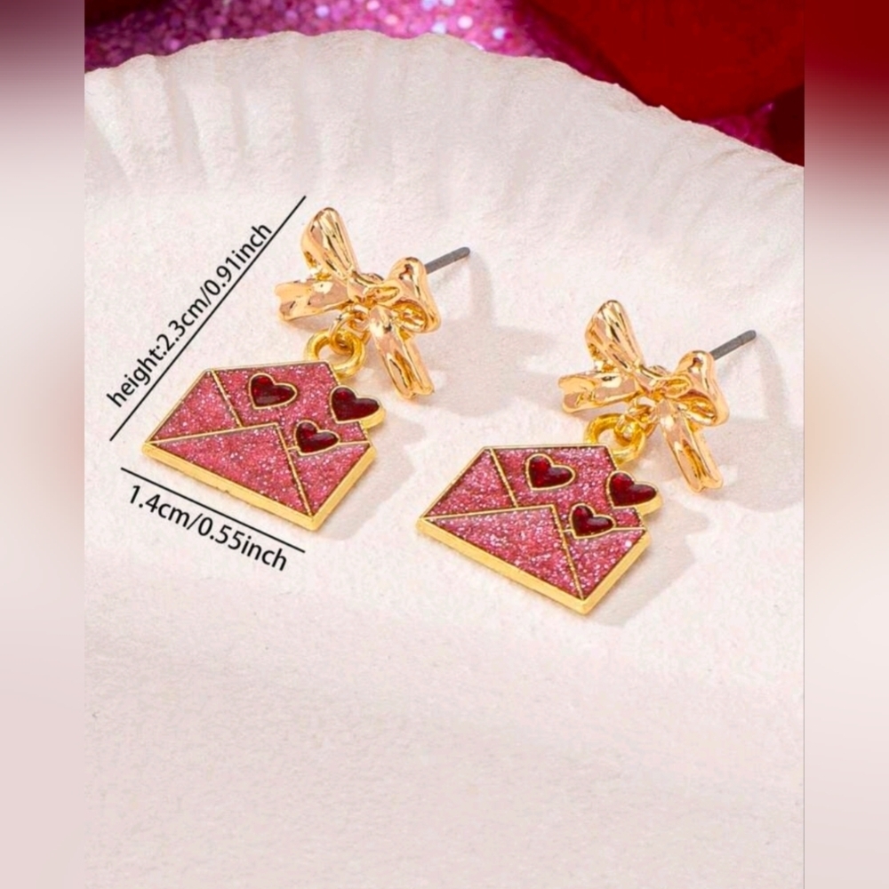 Coquette Bow Stud Earring , Enameled Heart Love Envelop Dangle Ear - Picture 3 of 8